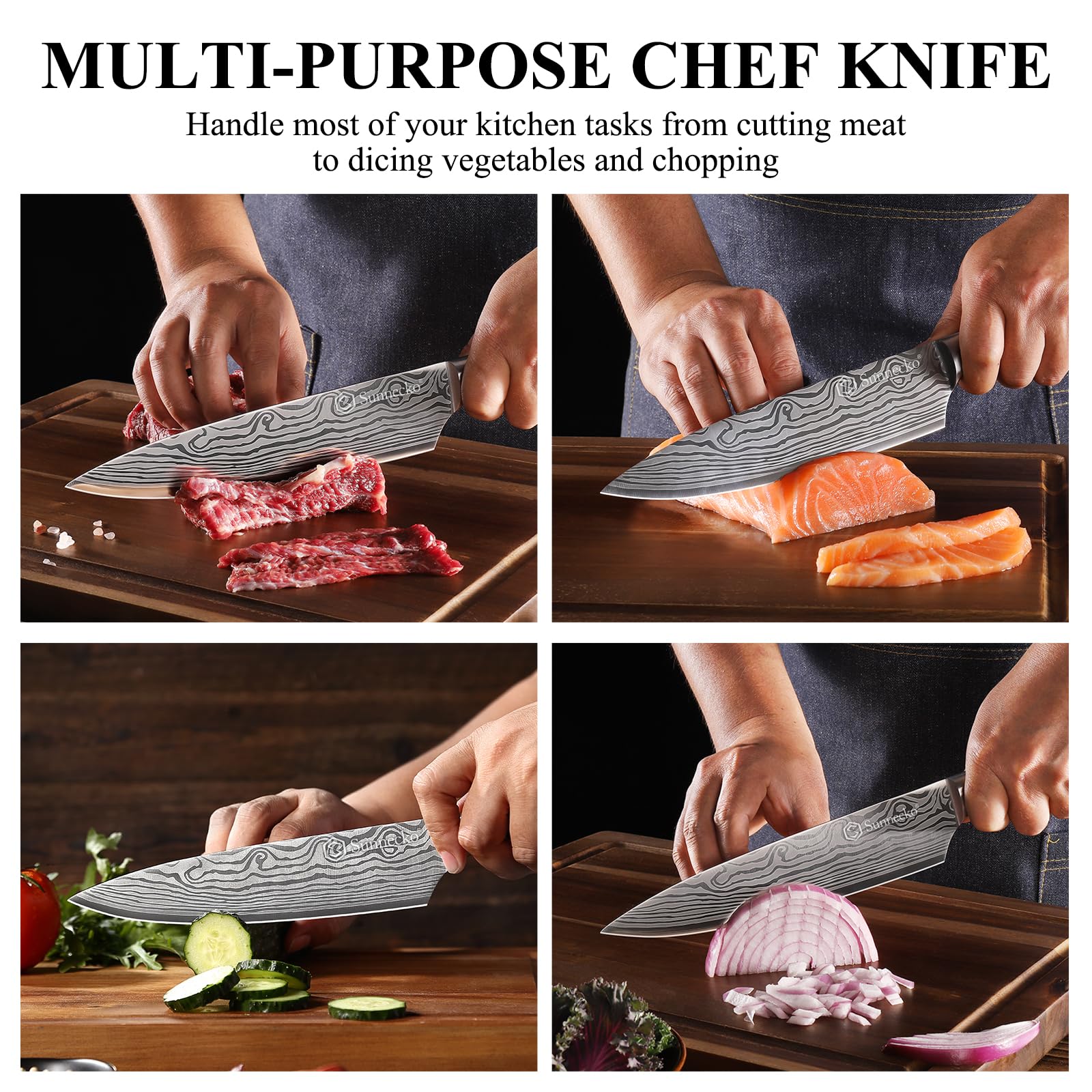 Sunnecko chef knife suits professional and home kitchen tasks with versatility.