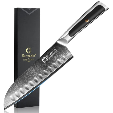 Sunnecko Santoku Knife 7-Inch with Damascus blade for clean, precise slicing.