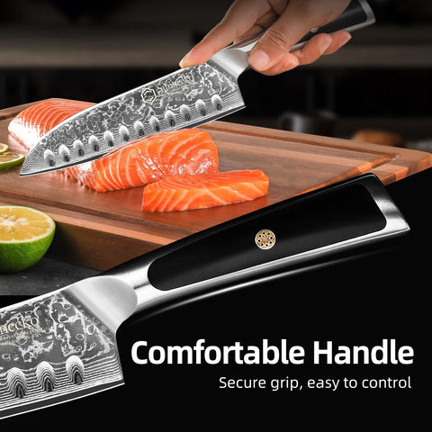 Sunnecko Santoku knife ergonomic full-tang handle supports comfortable, balanced cutting.