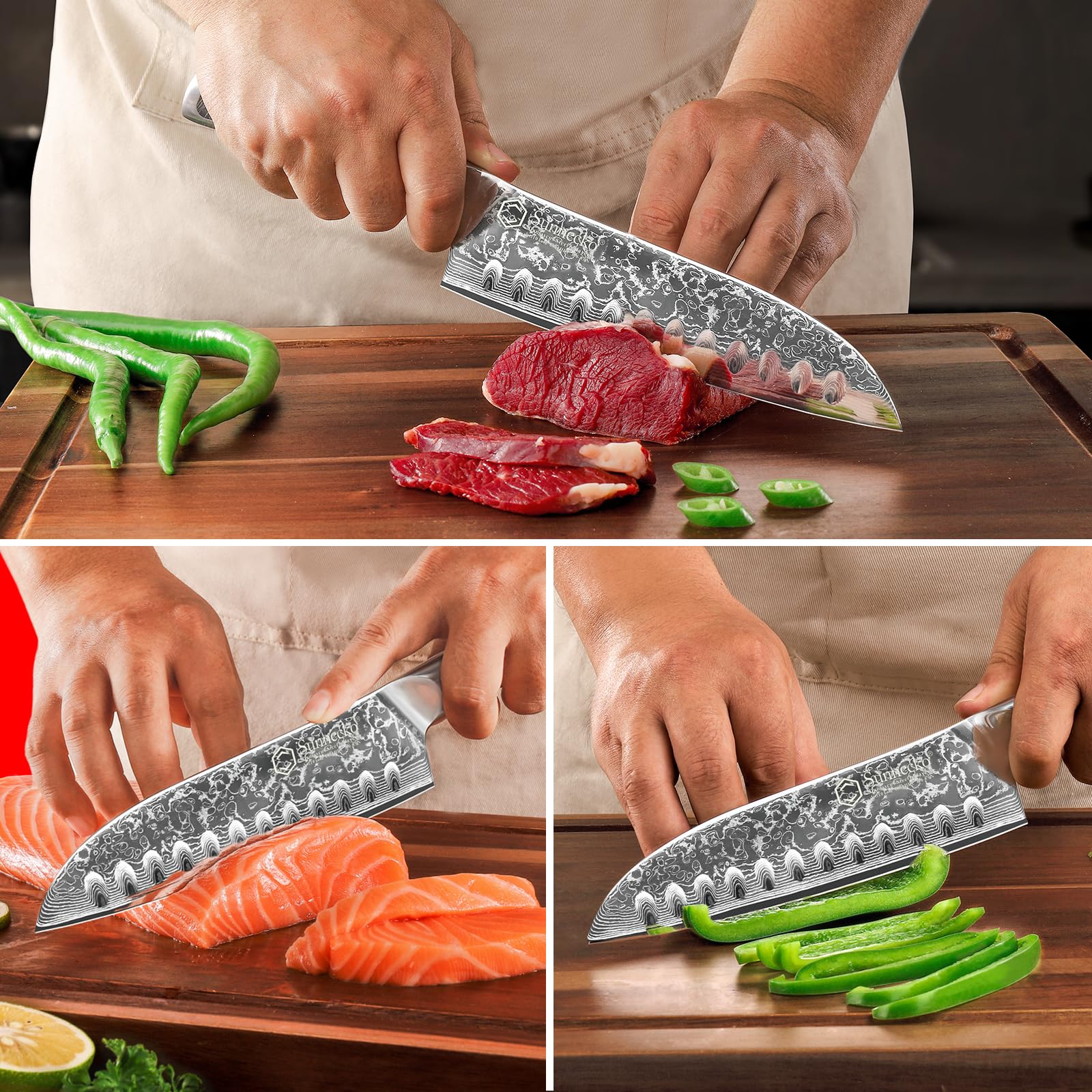 Sunnecko Santoku knife for veggies and meats; versatile kitchen tool.