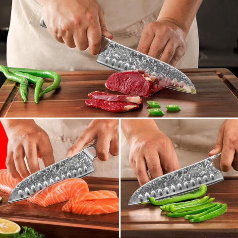 Sunnecko Santoku knife for veggies and meats; versatile kitchen tool.