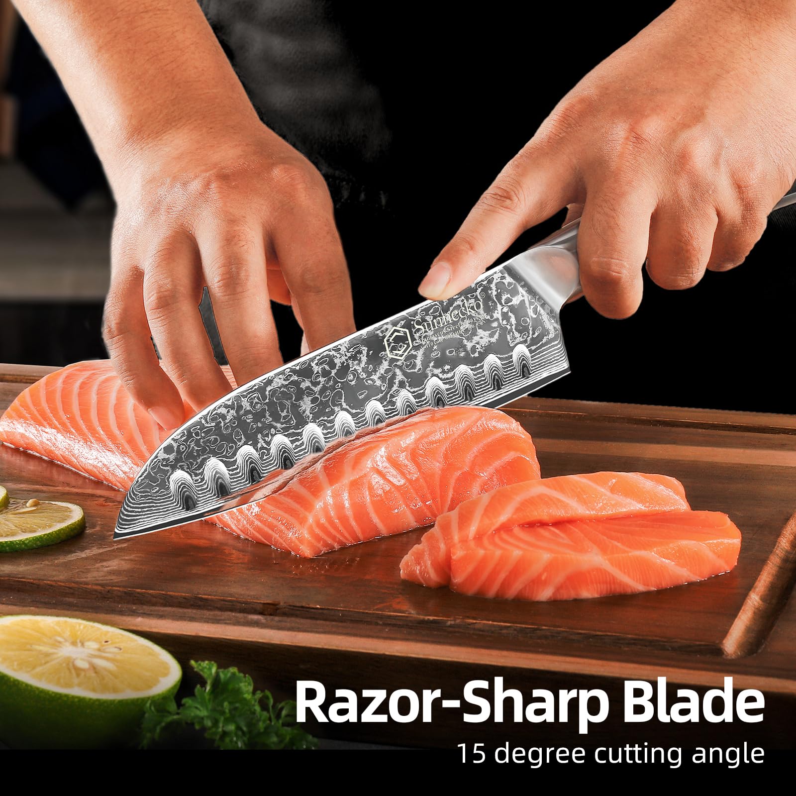 Sunnecko Santoku Knife with VG-10 core delivers excellent edge retention for daily prep.