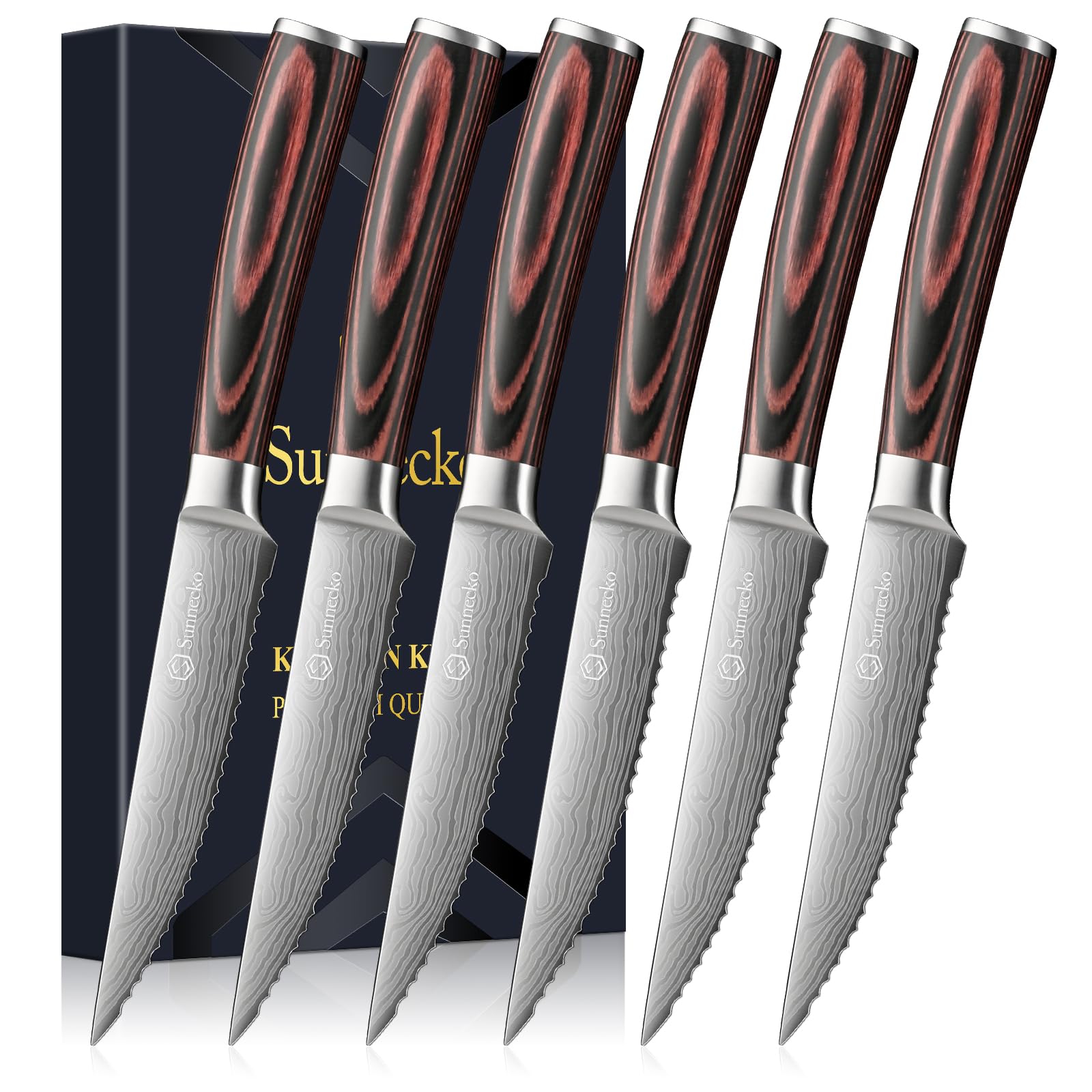 Sunnecko steak knife set of six with serrated blades for smooth cutting