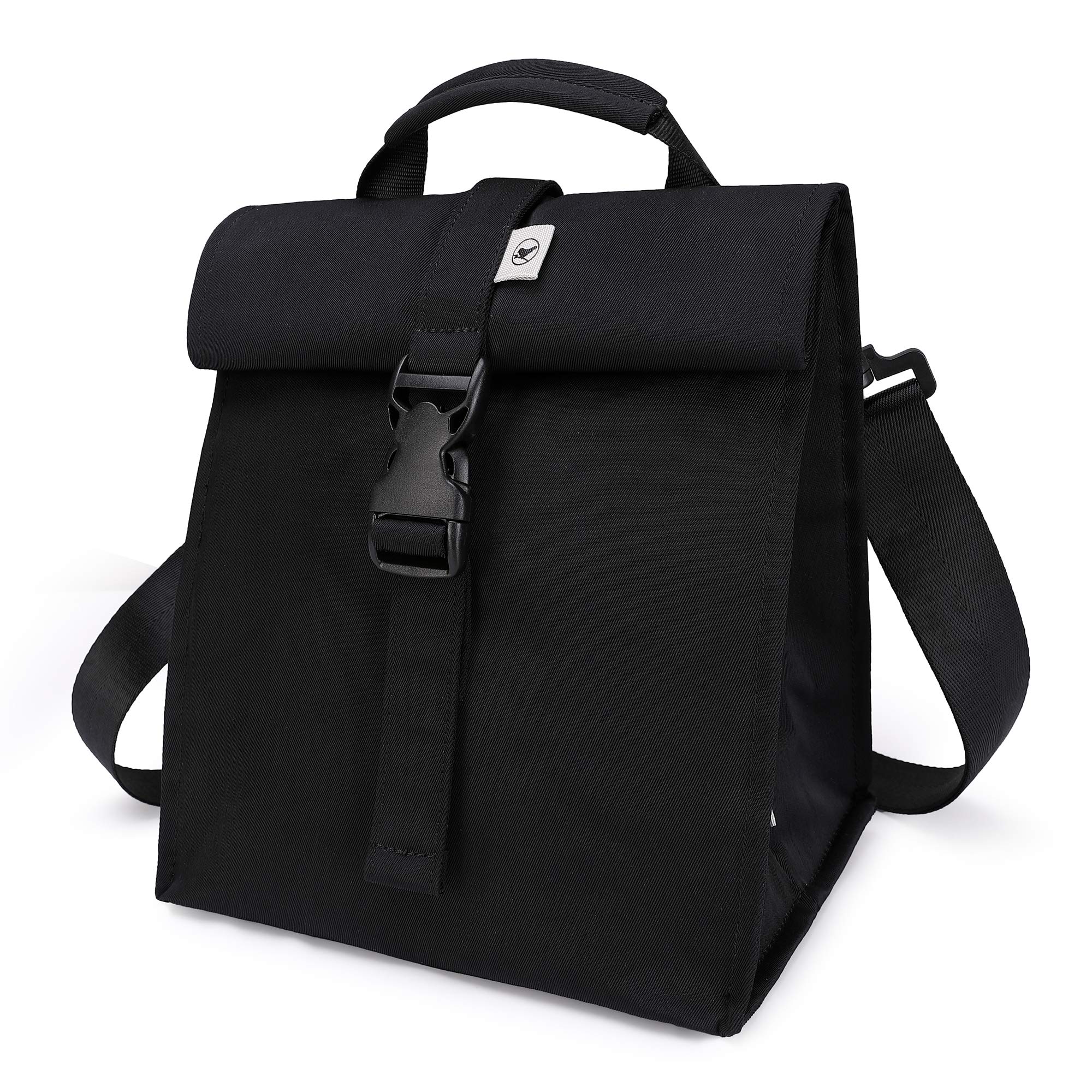 Sunny Bird insulated rolltop lunch bag in black keeps meals fresh on the go.