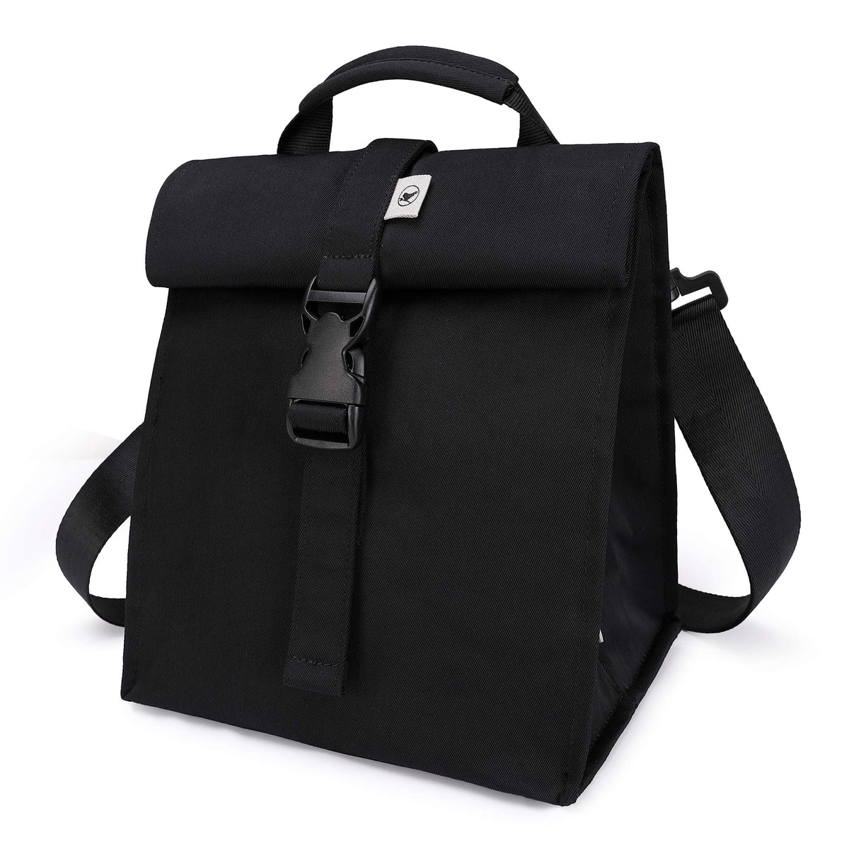Sunny Bird insulated rolltop lunch bag in black keeps meals fresh on the go.