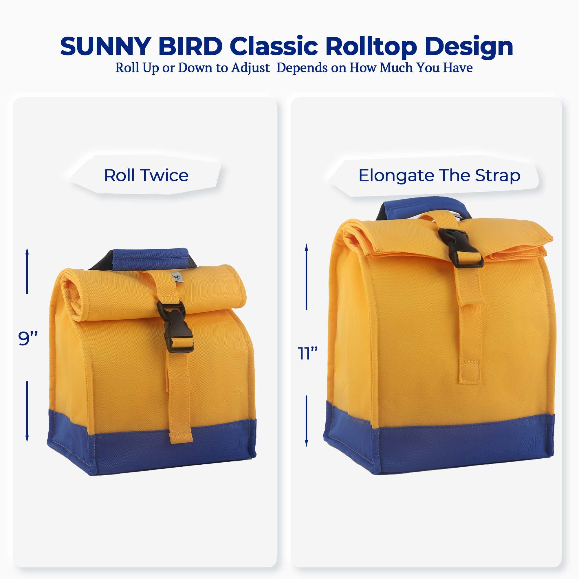 Sunny Bird lunch bag yellow, side view showing compact shape for backpacks.
