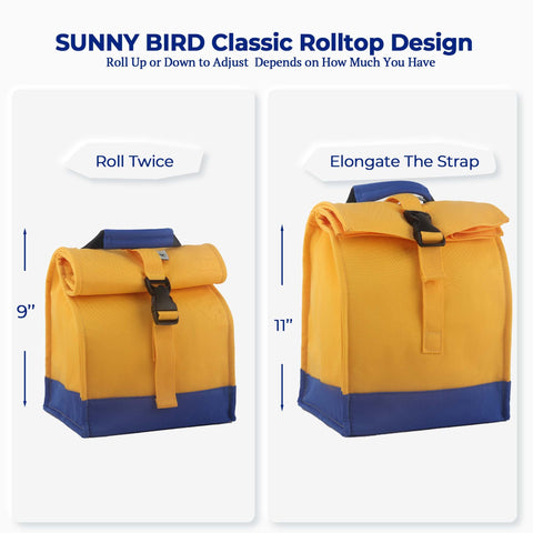Sunny Bird lunch bag yellow, side view showing compact shape for backpacks.