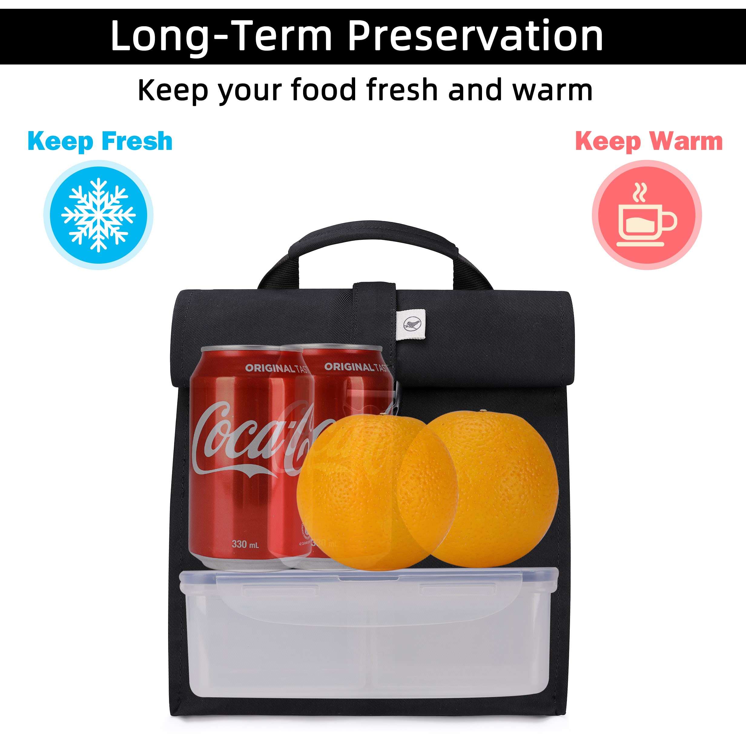 Sunny Bird rolltop lunch bag folded for compact packing into a backpack.