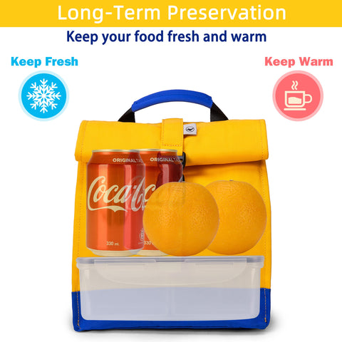 Sunny Bird rolltop lunch bag yellow, top open for easy access during errands.
