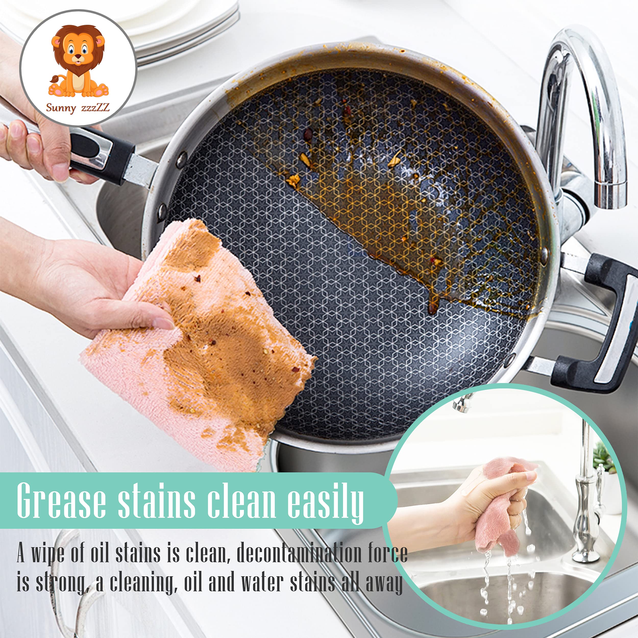 Sunny zzzZZ multicolor dishcloths stored around the sink for easy reach.