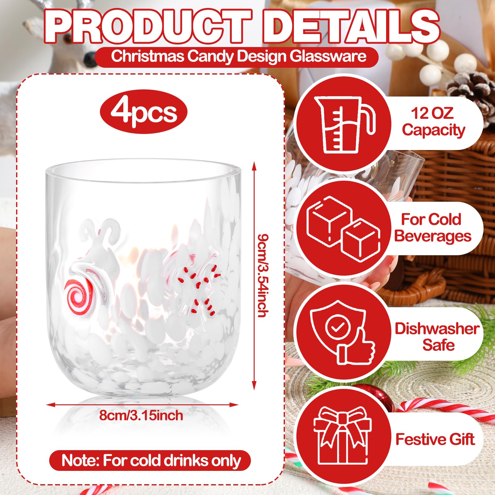 Sunnychicc candy cane design glass cups, festive flair for juice, cocktails, or coffee