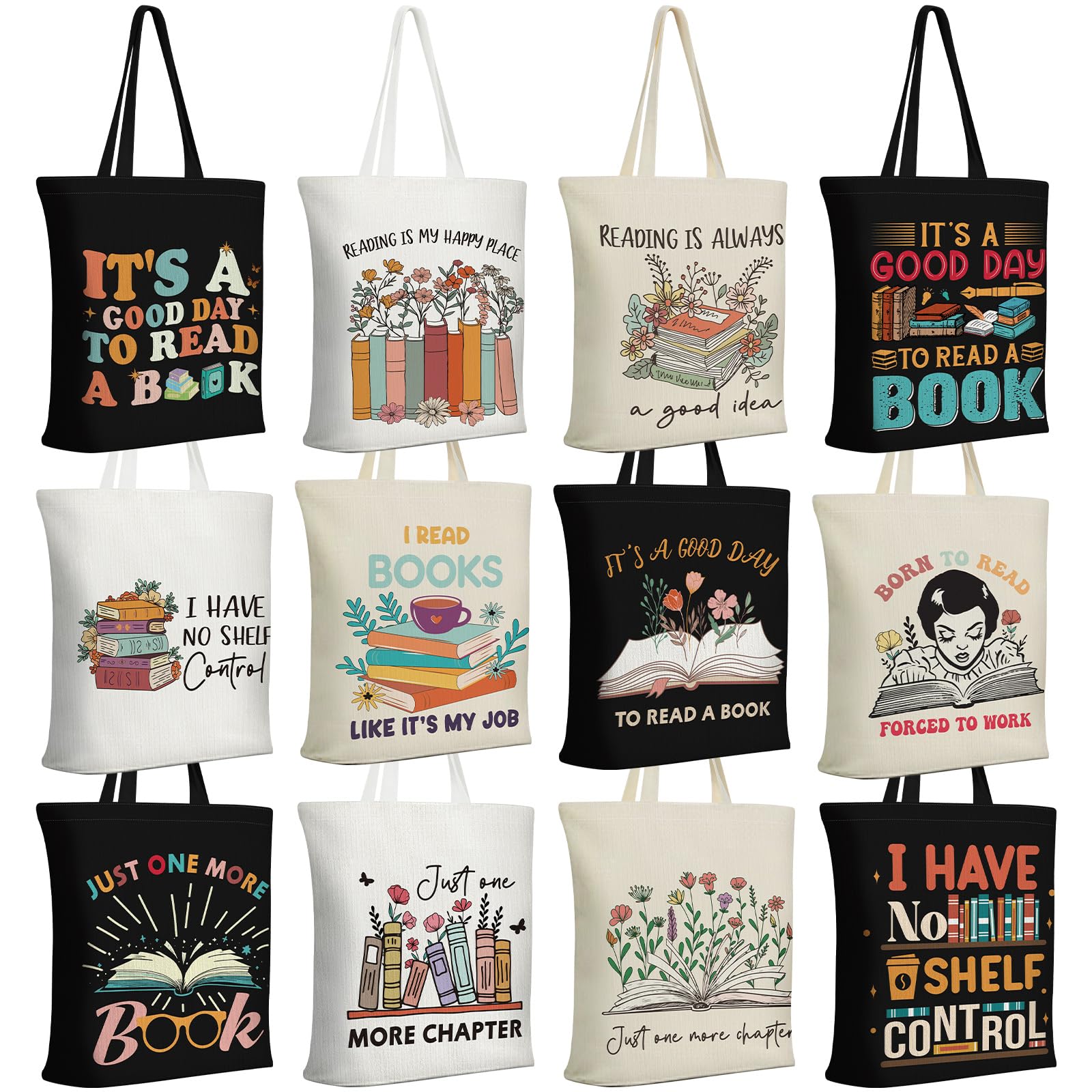 Sunnymove 12pc black book-lover tote with design for library trips