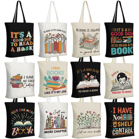Sunnymove 12pc black book-lover tote with design for library trips
