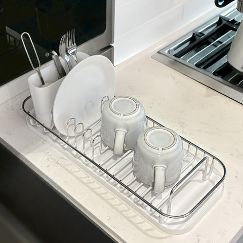 SunnyPoint NeverRust countertop rack fits small kitchens and dries up to 9-inch plates.
