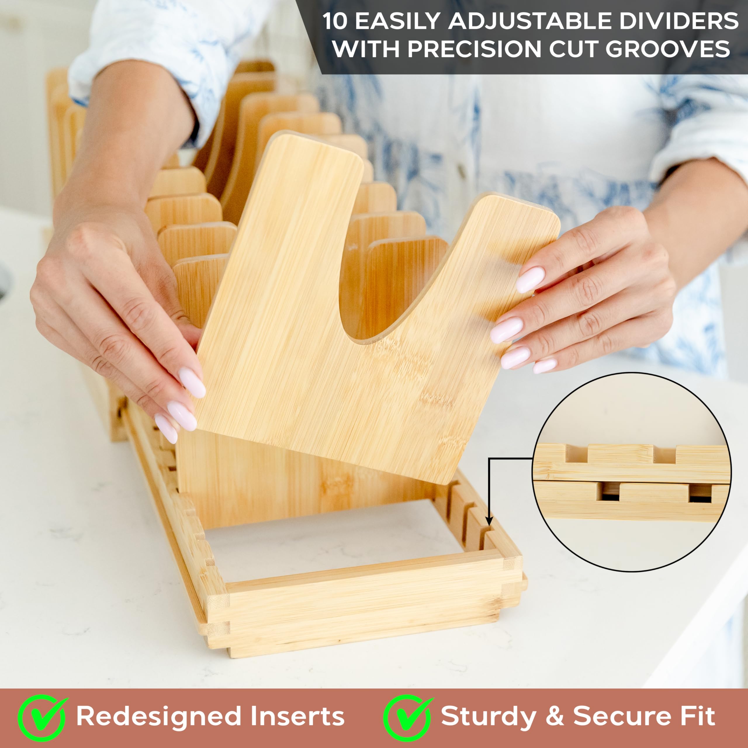 Adjustable dividers inside Sunny Tots keep lids and trays upright and evenly spaced