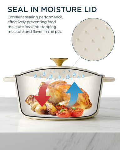 SUNOUTLY Dutch oven braising scene emphasizes flavorful moisture retention.