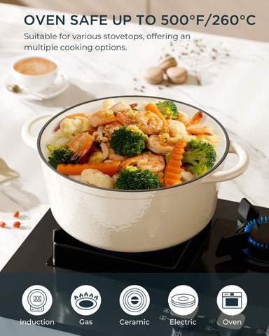 SUNOUTLY Dutch oven oven-safe up to 500°F supports roasting and baking.