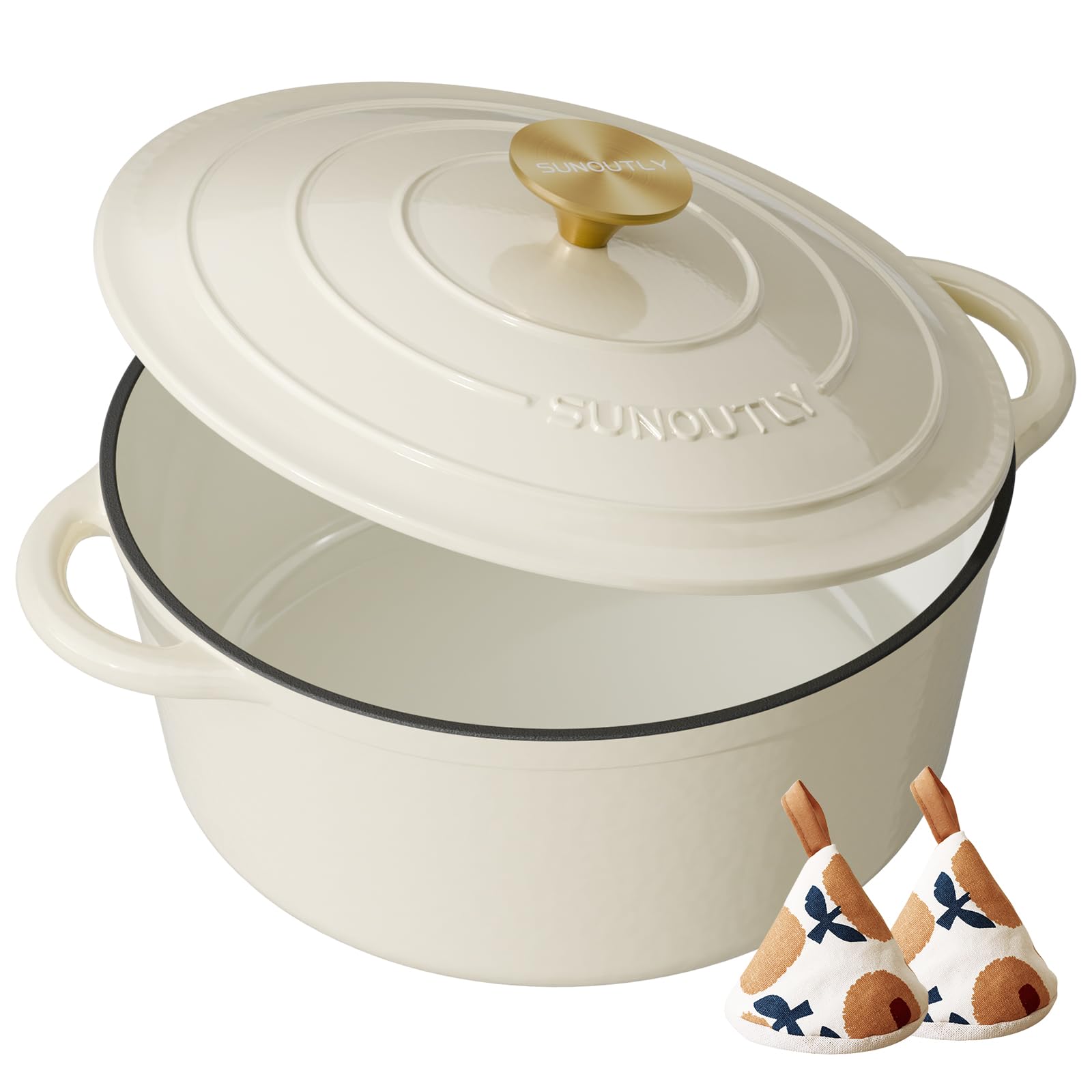 SUNOUTLY enameled Dutch oven with lid on demonstrates 6qt capacity for even heat.