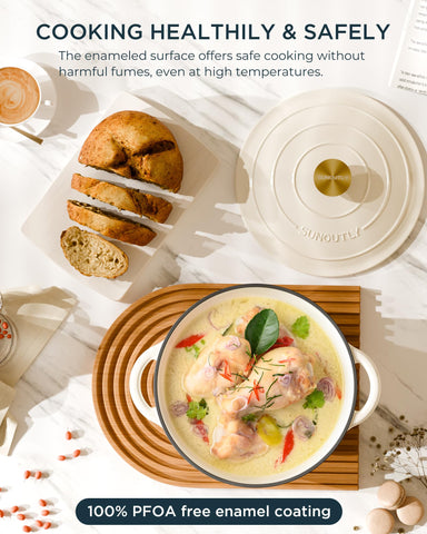 SUNOUTLY enameled cast-iron interior view highlights smooth enamel for easy cleaning.