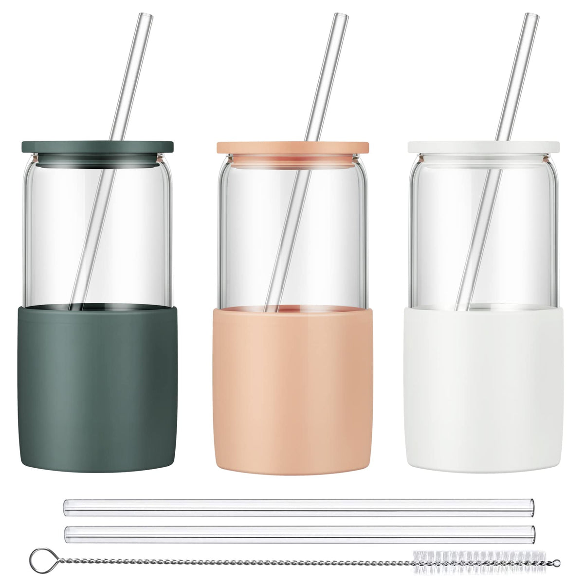 Sunseeke glass tumbler with lid and straw, 16oz, ideal for iced coffee.