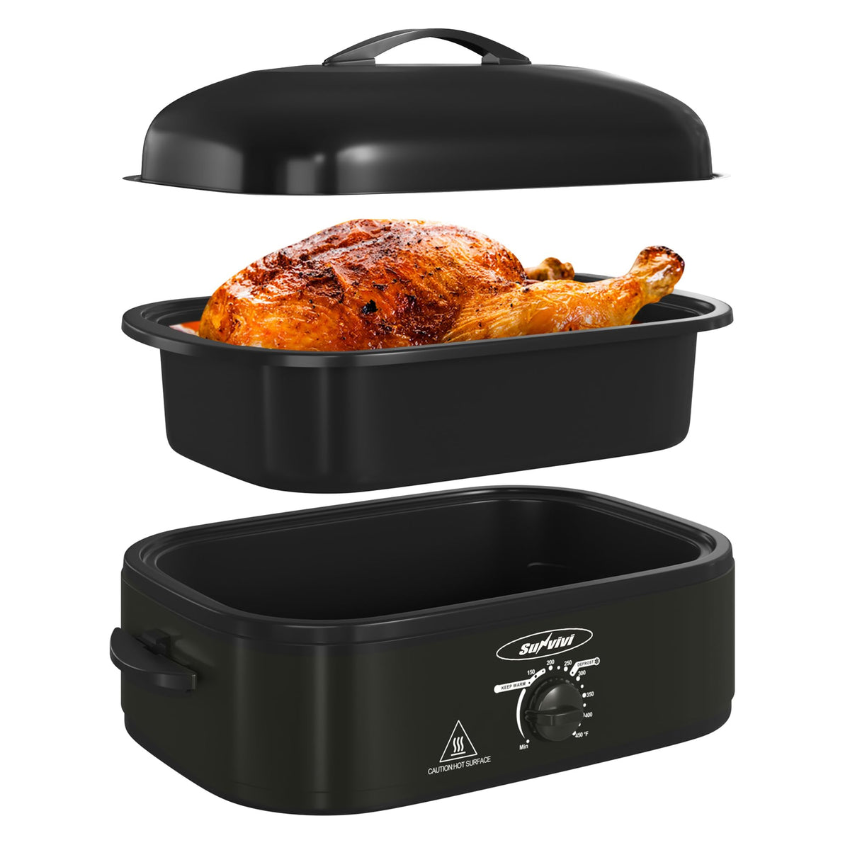SUNVIVI 14qt roaster oven top view, compact all-in-one cooking solution.