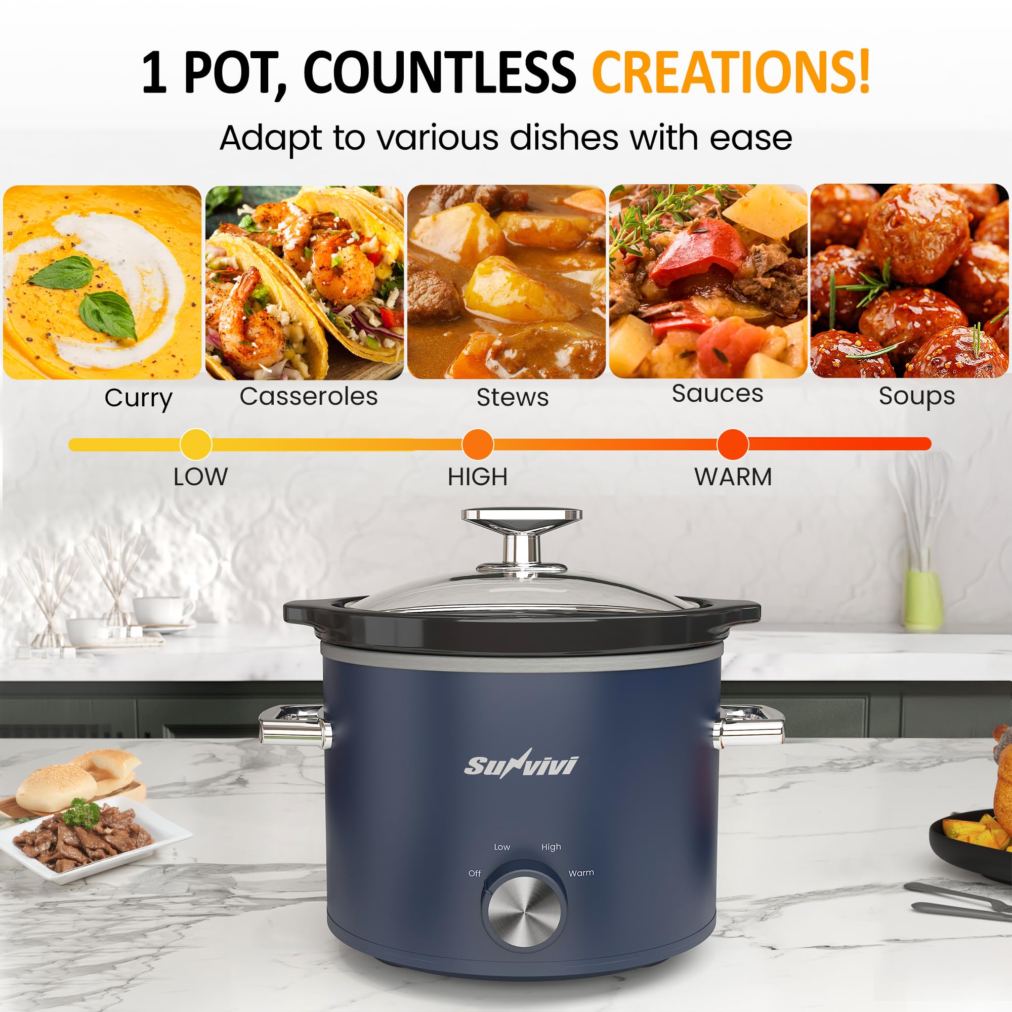 SUNVIVI 2-Quart with three settings enables varied recipes.