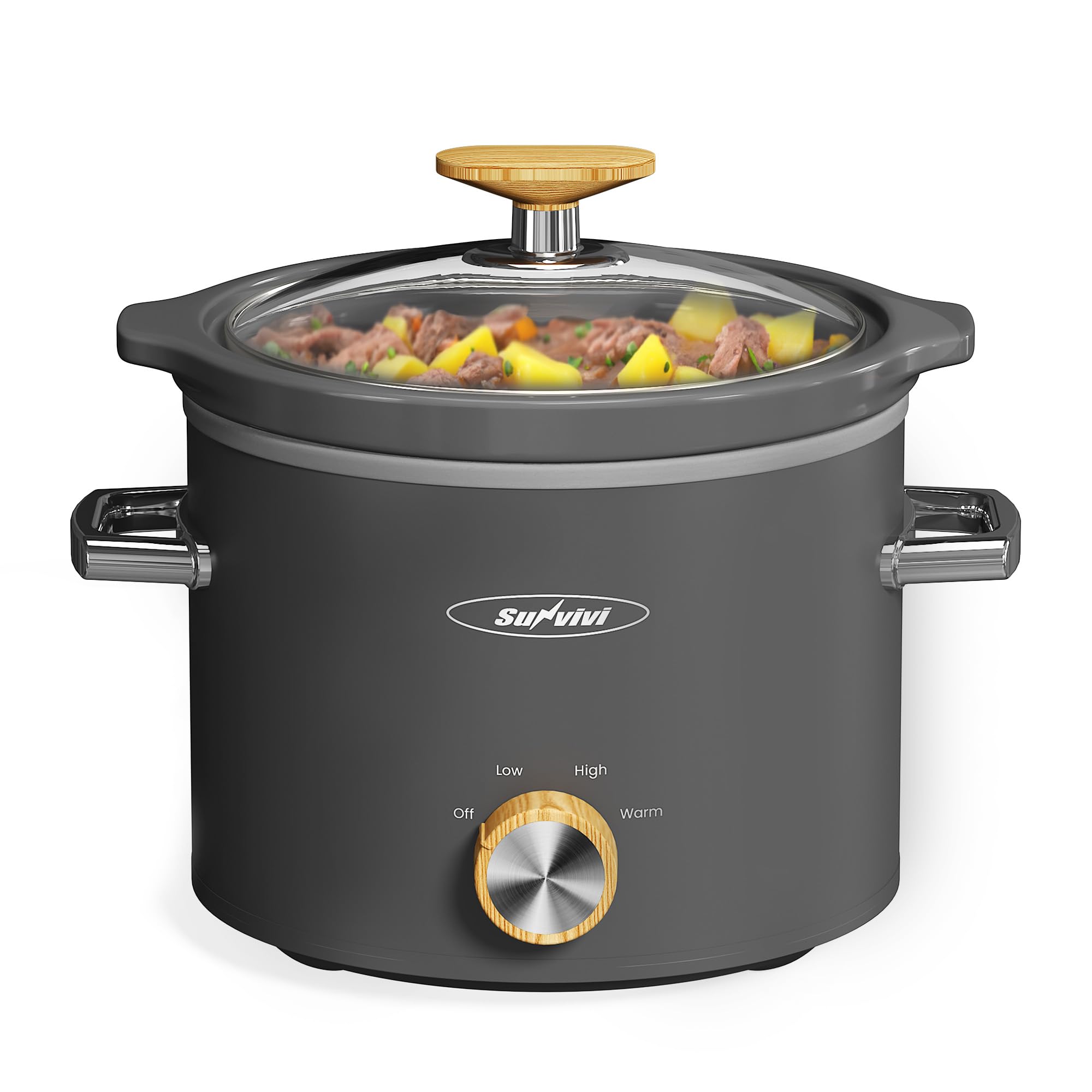 Sunvivi 2 Qt slow cooker front view highlights compact kitchen footprint.
