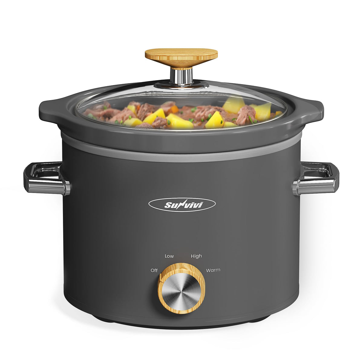 Sunvivi 2 Qt slow cooker front view highlights compact kitchen footprint.