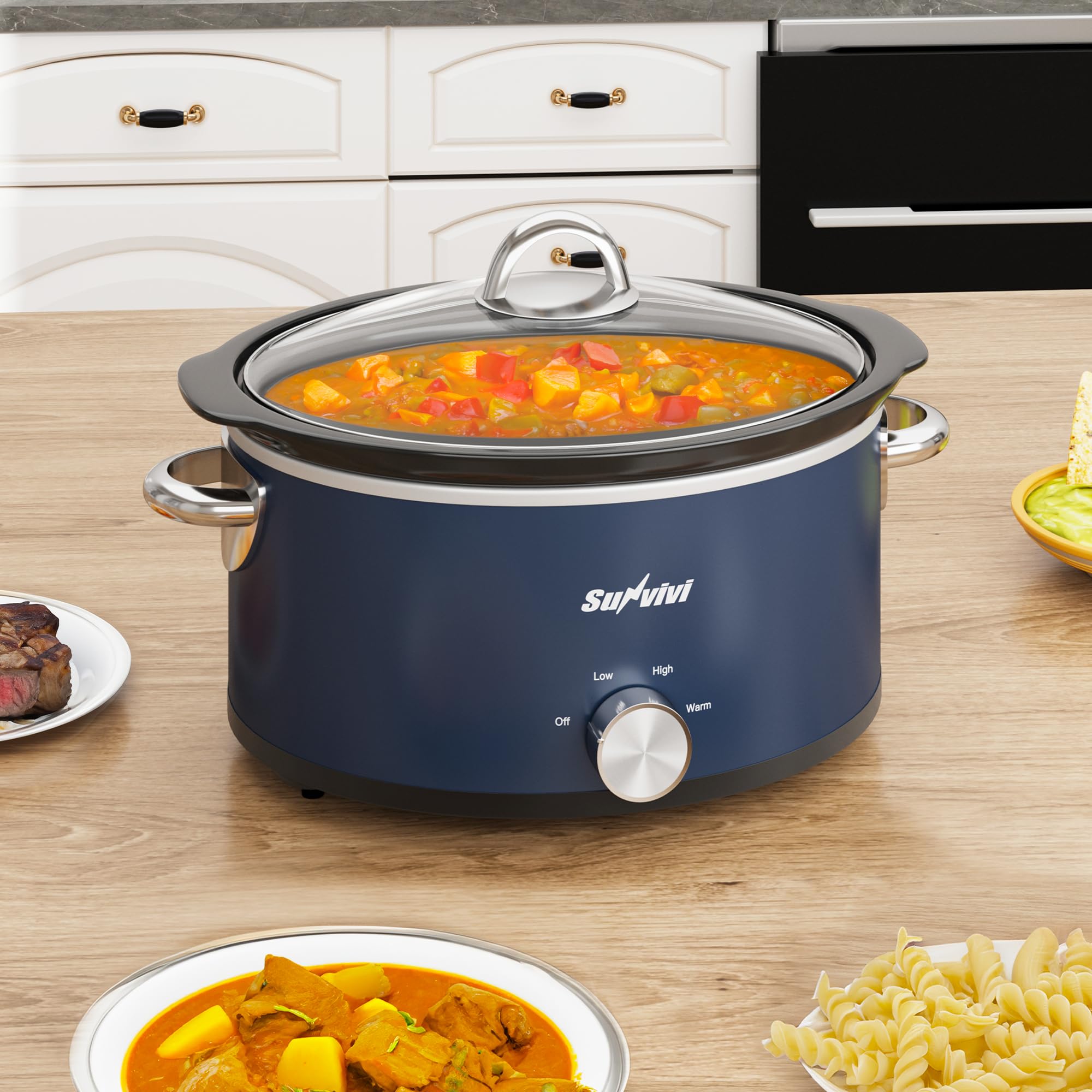 Sunvivi 3qt slow cooker blue glass lid for convenient viewing.