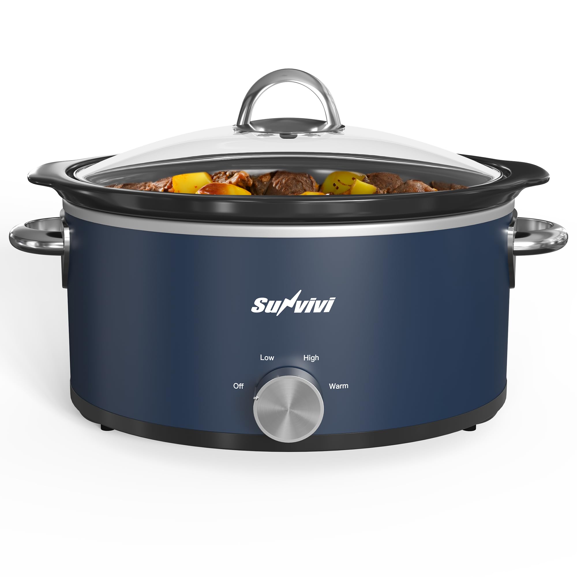 Sunvivi 3qt slow cooker blue on counter for easy meal prep and serving.