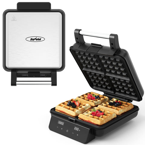 Sunvivi 4-slice stainless steel waffle maker ready for family breakfasts
