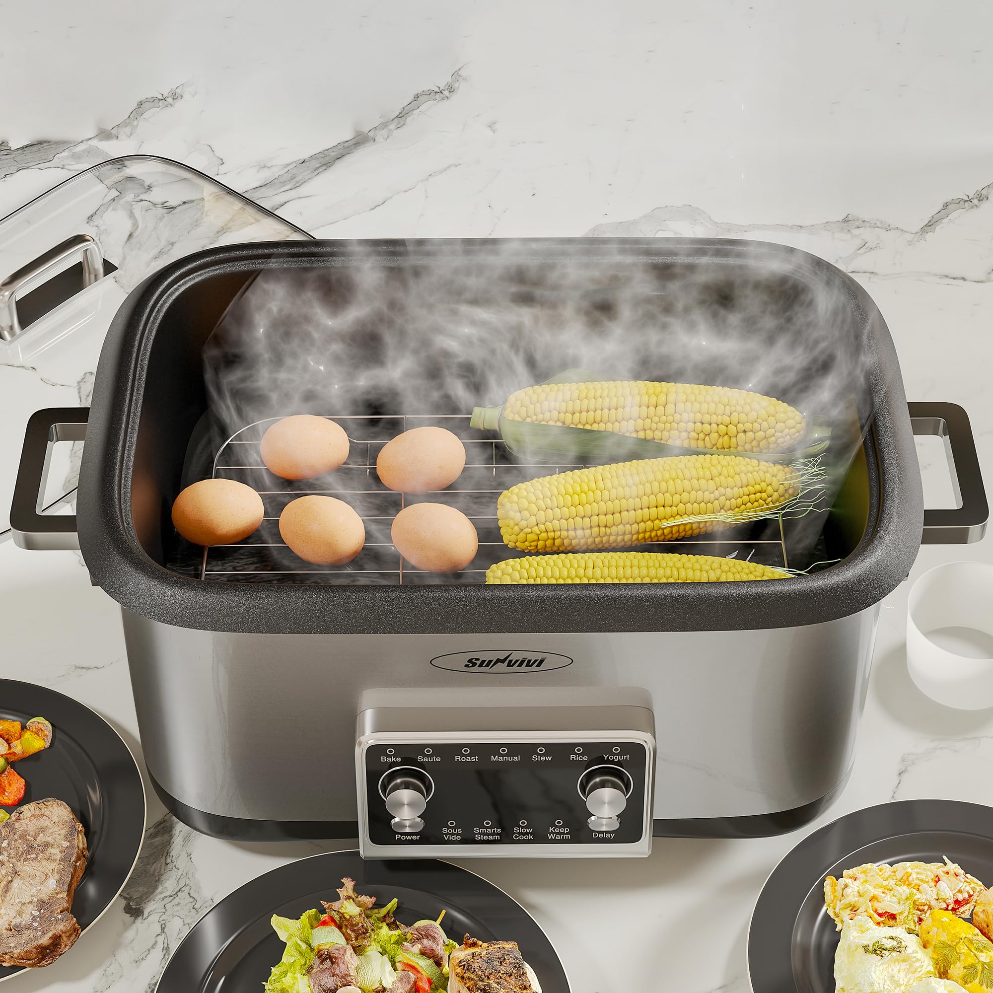 Sunvivi 8 Qt easy cleanup, non-stick pot and safe dishwasher parts.