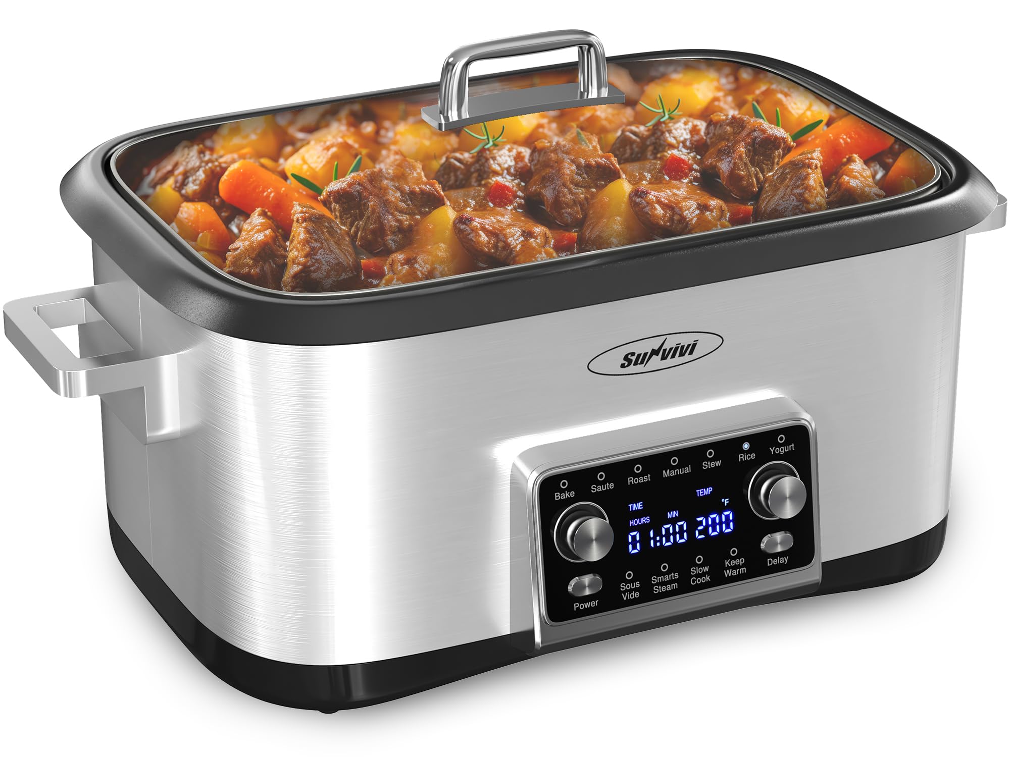 Sunvivi 8 Qt slow cooker front view, ideal for easy weeknight family meals.