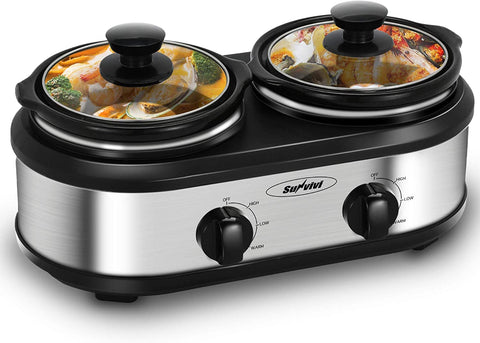 Sunvivi dual-pot slow cooker setup with two pots for simultaneous meals.