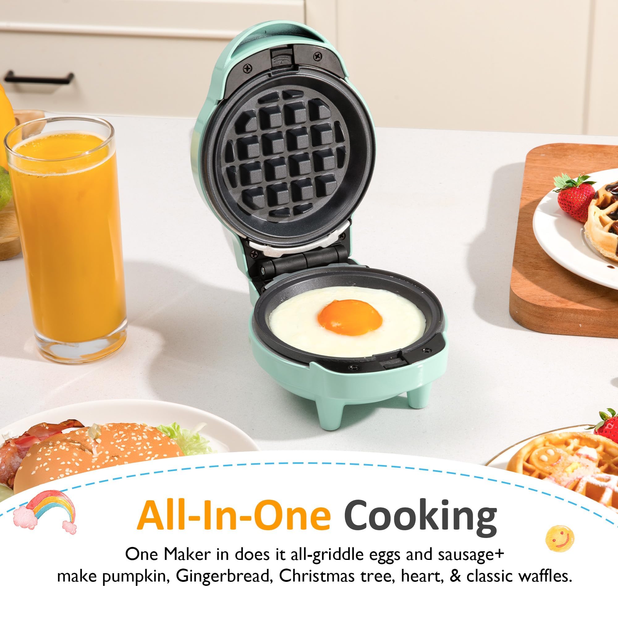 Sunvivi mini waffle maker with Christmas tree plate adds holiday flair.