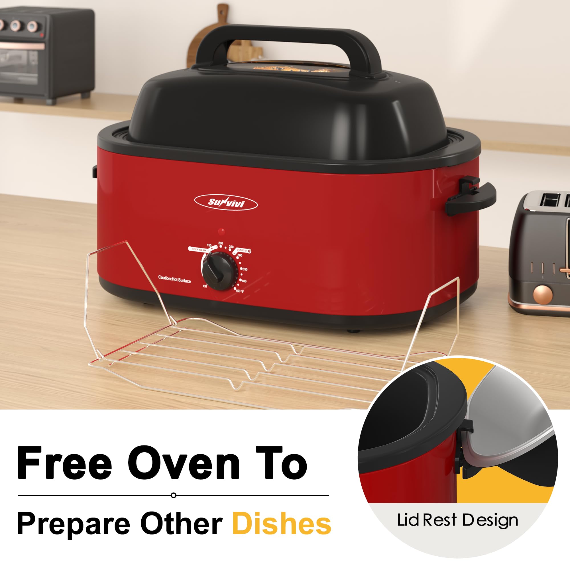 Sunvivi Roaster Oven defrost and warm functions for flexible meal timing.