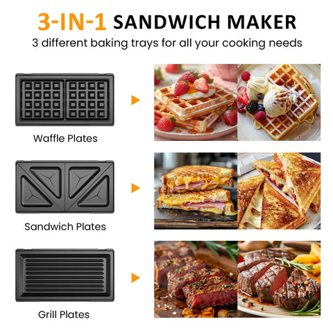Sunvivi sandwich maker removable plates for quick waffle, sandwich, or grill swaps