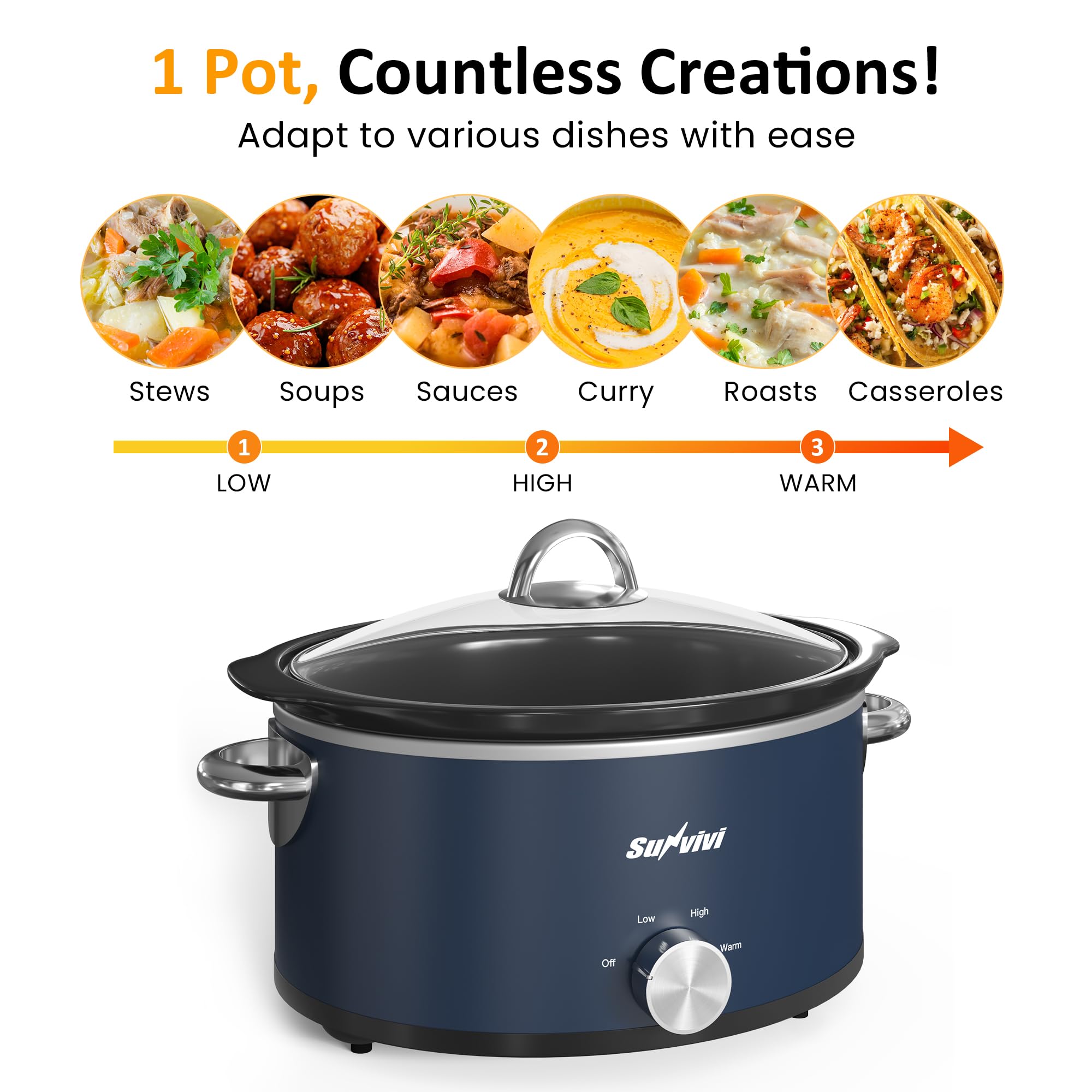 Sunvivi slow cooker blue anti-slip feet keep it steady.