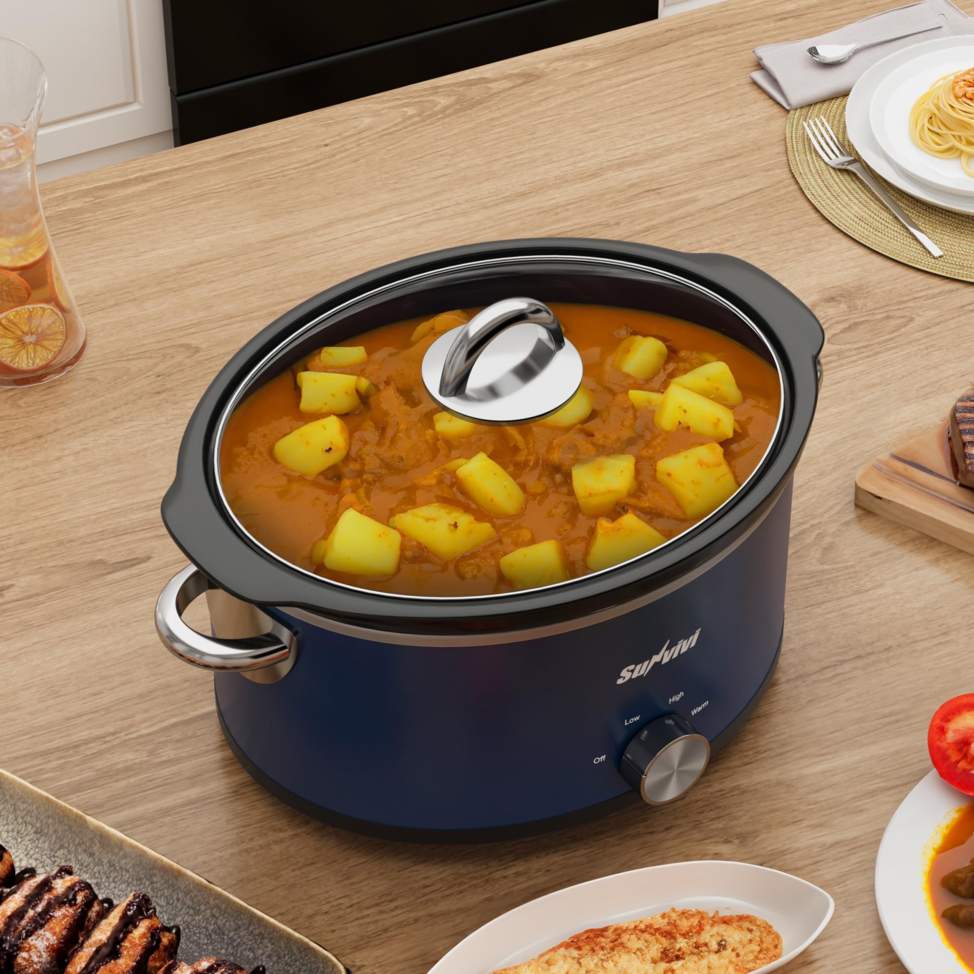 Sunvivi slow cooker blue cool-touch handles for safe handling.