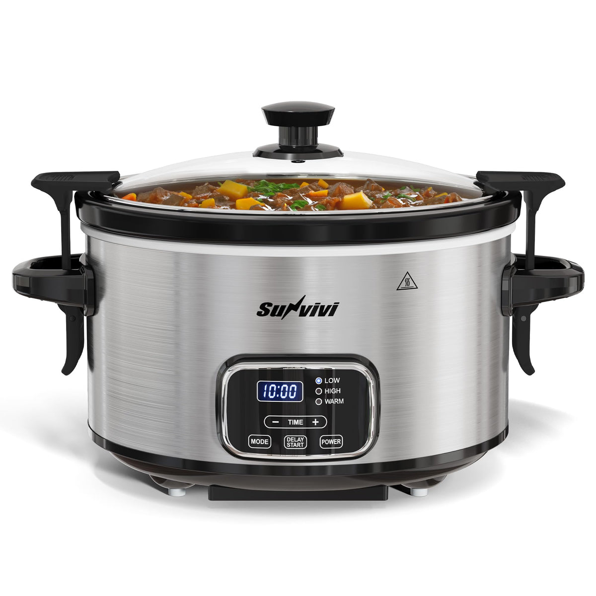 SUNVIVI slow cooker with locking lid preserves moisture for tender meals.