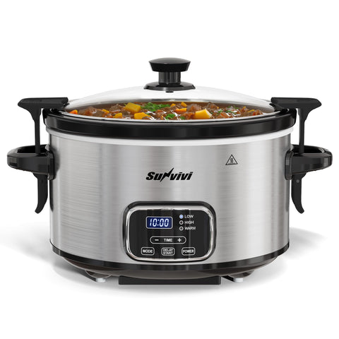 SUNVIVI slow cooker with locking lid preserves moisture for tender meals.