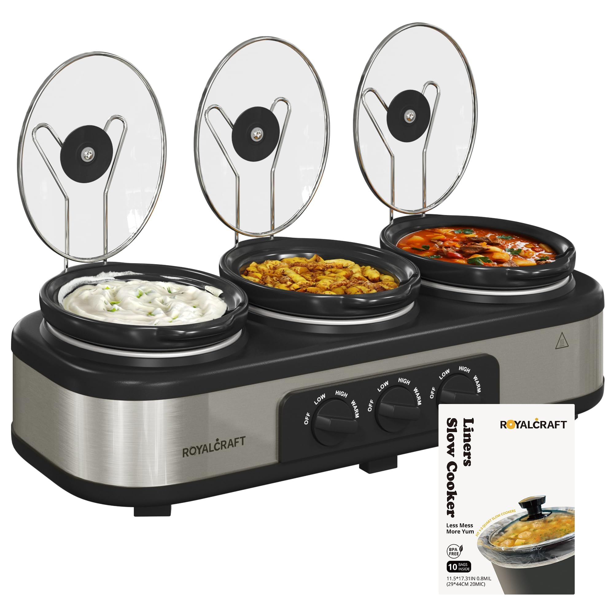 Sunvivi slow cooker triple-pot setup for convenient multi-dish serving at gatherings.