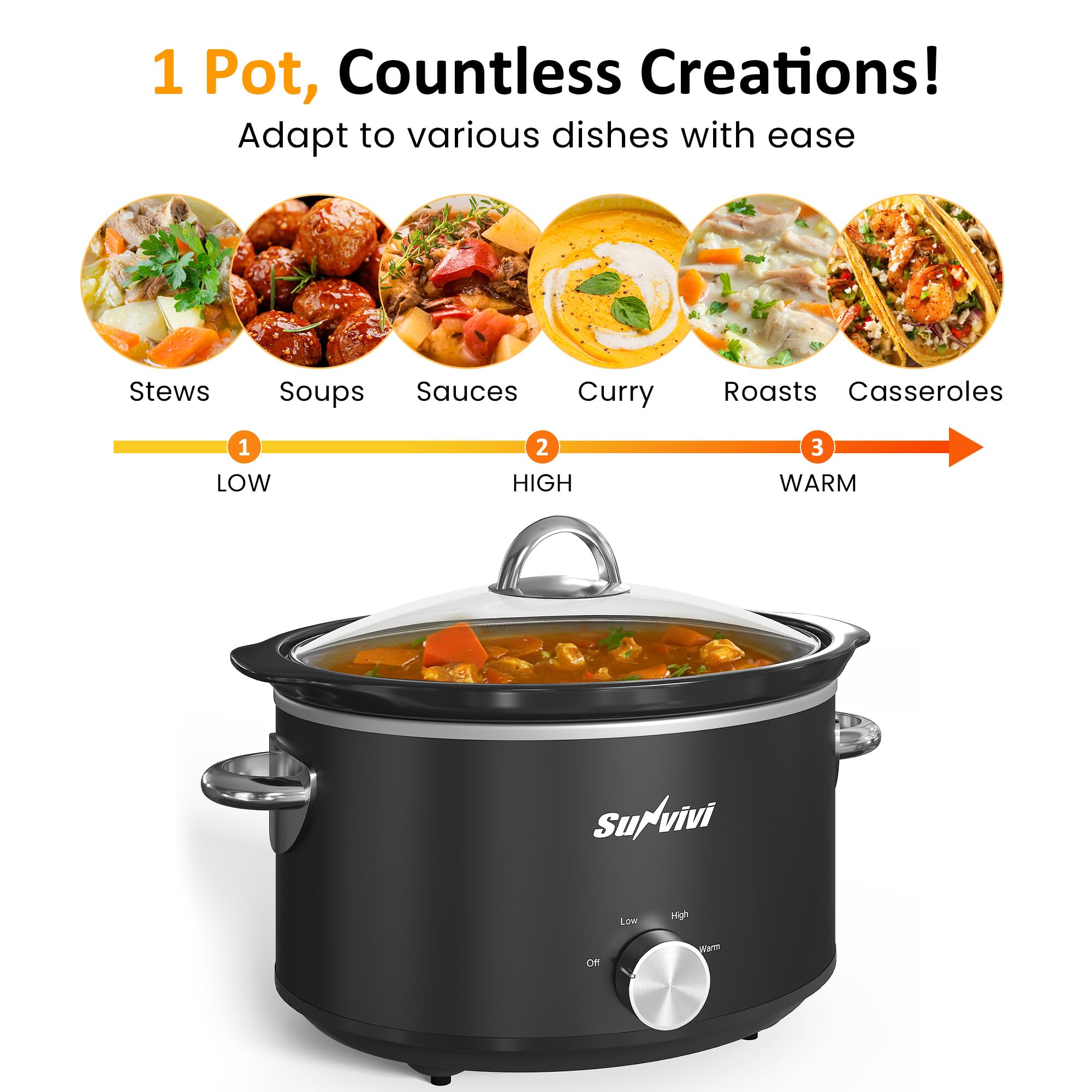 Cool-touch handles on Sunvivi slow cooker for safe lifting.
