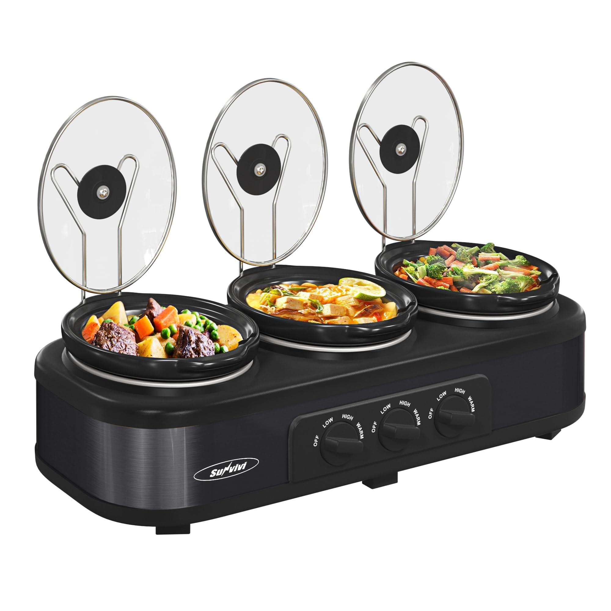 Sunvivi triple slow cooker servers with three independent pots for versatile meals