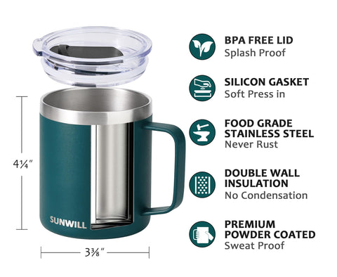 SUNWILL 14oz insulated stainless steel tumbler preserves cold drinks longer.