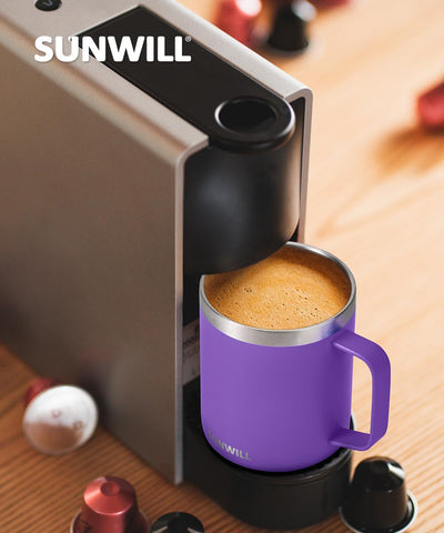 Sunwill mug beside a coffee machine illustrating compatibility for home or office.