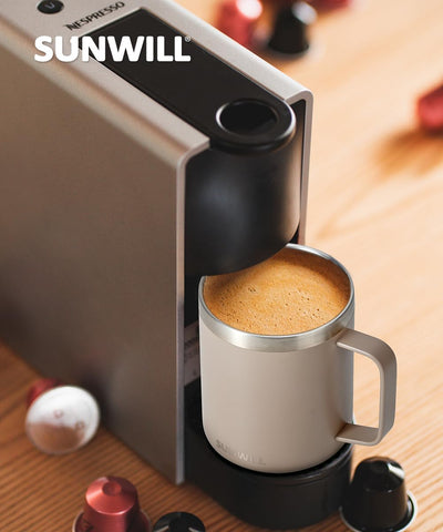 Sunwill mugs fit most coffee machines for home or travel.