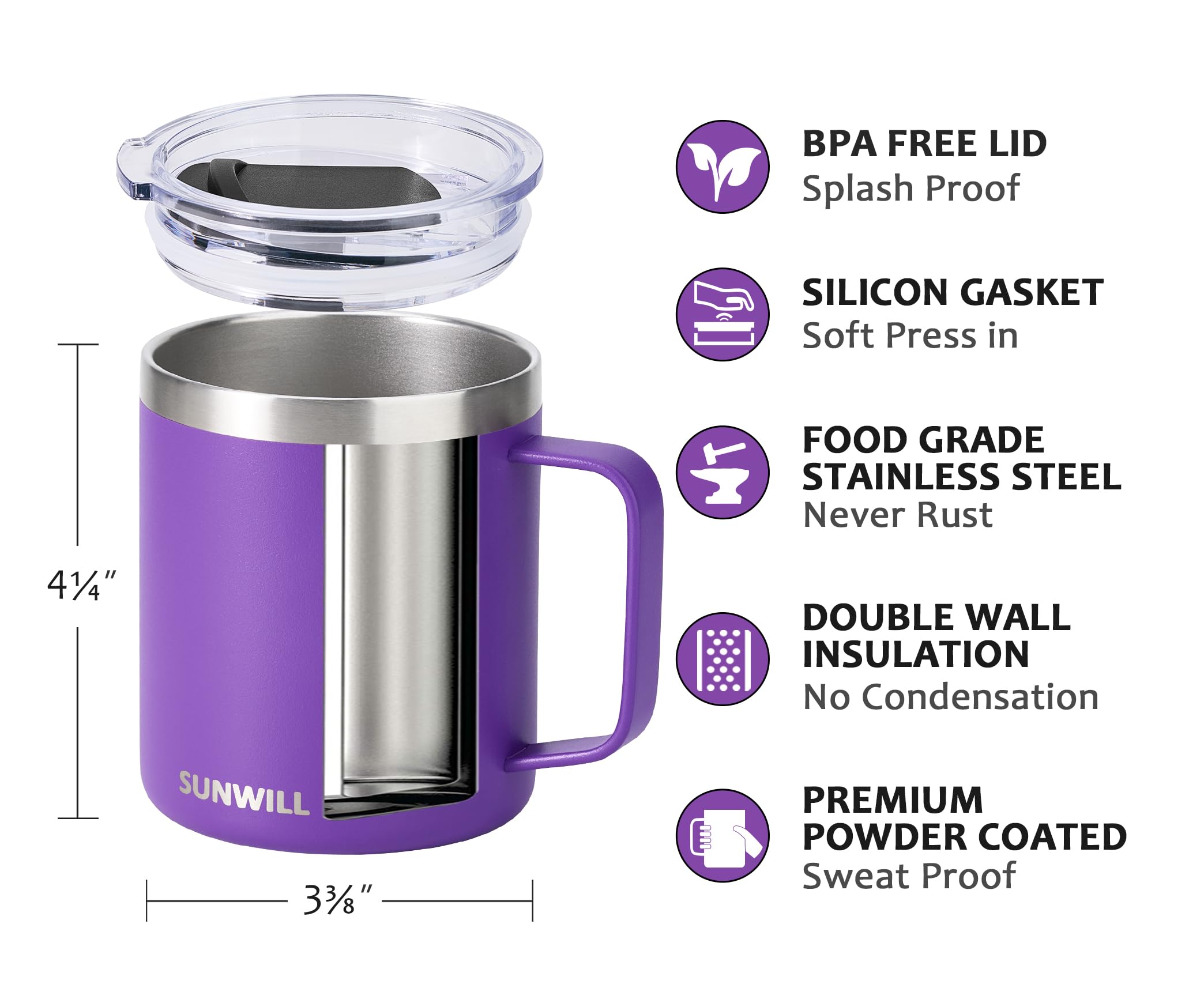 Sunwill mug with handle on purple finish, comfortable grip for office or trail.