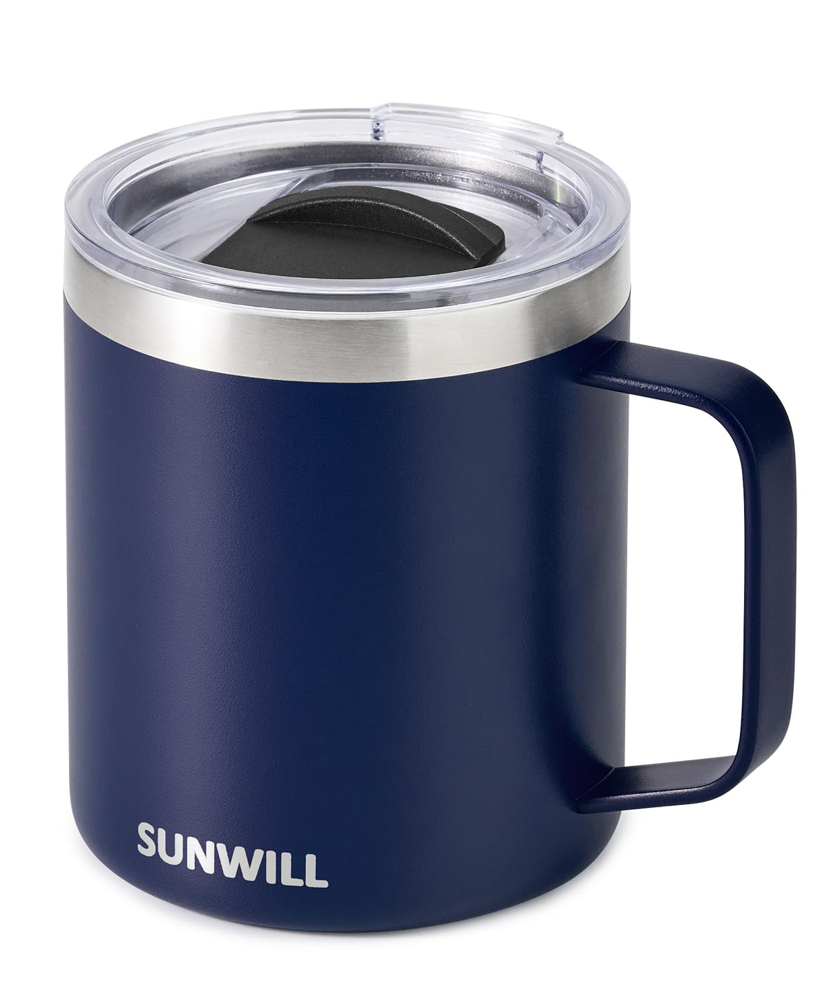 SUNWILL insulated coffee mug with lid in navy blue keeps beverages hot on the go.