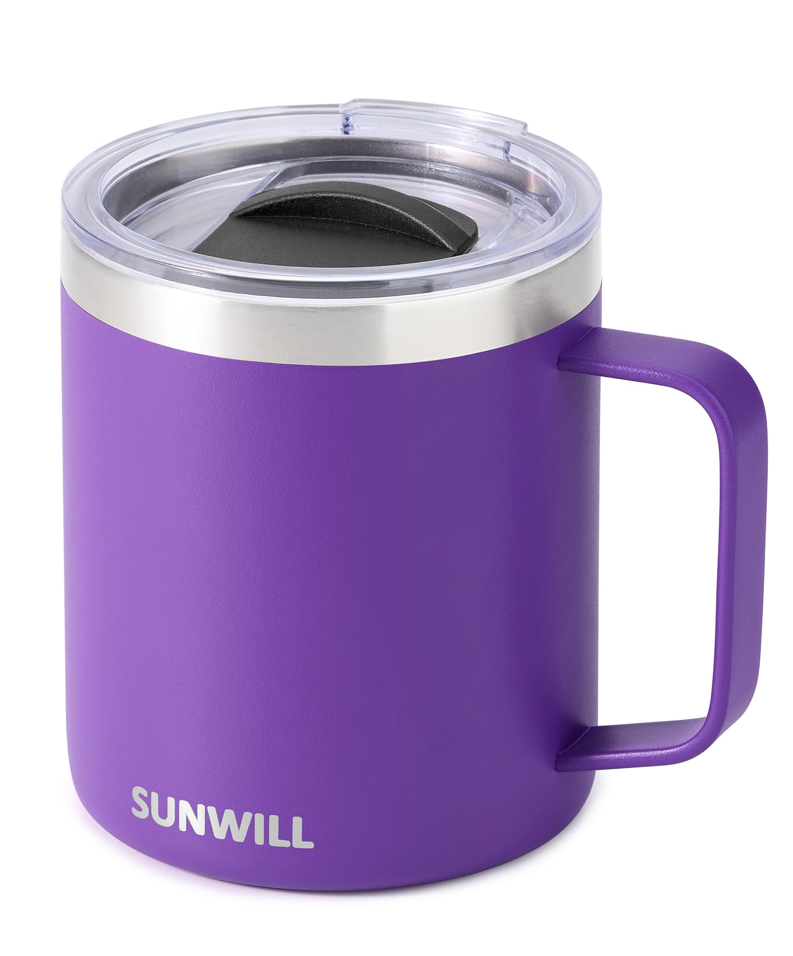 Sunwill insulated coffee mug with purple lid, spill-resistant design for on-the-go use.